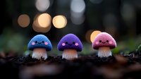 Cute fantasy mushrooms with kawaii faces in blue, purple and pink colors growing in forest soil against blurred bokeh lights background at dusk.