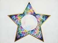 Watercolor star with galaxy floral design and round copy space center, gold outline, colorful cosmic botanical art on white background.