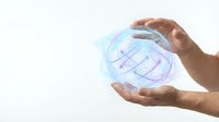 Hands holding glowing holographic wireframe sphere with digital grid pattern against white background, representing technology, innovation, and future concepts for design projects.