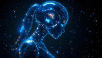 Glowing blue silhouette of human head with spiral energy pattern against starry space background represents artificial intelligence and future technology concepts.