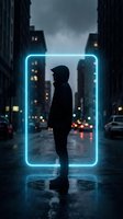Young man silhouette standing in glowing neon frame on wet city street at night with urban buildings and car lights creating futuristic cyberpunk atmosphere.