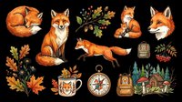 Cute fox clipart set with autumn elements, isolated on transparent background. Includes foxes, leaves, mushrooms, compass, mug, and backpack for stickers, t-shirts, print on demand.
