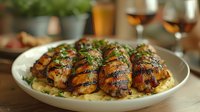 Juicy grilled chicken thighs with crispy charred marks served on creamy mashed potatoes, garnished with fresh herbs and sauce, restaurant style plating.