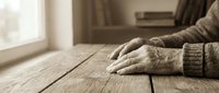 Elderly hands in warm knitted sweater resting on rustic wooden table by window. Senior person relaxing at home in cozy autumn atmosphere.