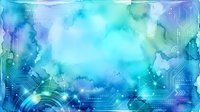 Abstract digital technology background with watercolor blue and turquoise tones, circuit patterns, and glowing geometric elements for web design and tech presentations.