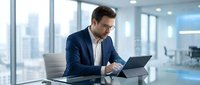 Professional businessman in navy suit working on laptop in modern glass office with city skyline view, corporate executive analyzing data at desk.