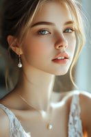 Young blonde woman with pearl jewelry and elegant makeup in soft natural lighting for beauty and fashion concepts.