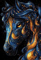 Mystical horse head with cosmic pattern in deep blue and gold colors against black background, featuring swirling starry designs and ethereal celestial elements.
