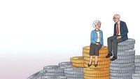 Senior couple sitting on stacks of coins representing retirement savings and financial planning for elderly people.