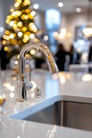 Modern chrome kitchen faucet on granite countertop with festive Christmas tree bokeh lights in background, showcasing luxury home interior design.
