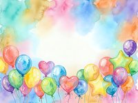 Colorful watercolor balloons frame with rainbow gradient background for party invitations, birthday cards and celebration designs.