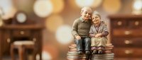 Happy elderly Asian couple sitting on stack of coins representing retirement savings and financial security planning for golden years.