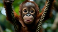 Young orangutan swinging on ropes with playful expression against green jungle background, displaying natural primate behavior and environmental conservation themes.
