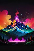 Vibrant mountain landscape with colorful aurora sky, glowing peak and neon forest silhouette against dramatic clouds in surreal gradient colors and magical atmosphere.