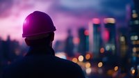 Construction worker silhouette against urban skyline at dusk, wearing hard hat while overlooking illuminated city buildings with purple and blue twilight sky.