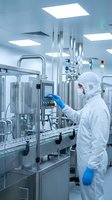 Pharmaceutical technician in protective suit operating sterile manufacturing equipment in modern cleanroom facility for drug production and quality control.
