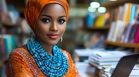 Young African woman in orange headscarf and traditional blue beaded necklace working on laptop in library setting, displaying confident professional demeanor.