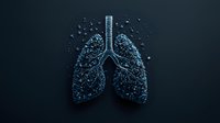 Anatomical lungs created from glowing blue particles on dark background, representing medical technology, respiratory system, and digital healthcare visualization.
