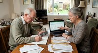 Senior Caucasian couple managing household finances together at dining table with laptop and paperwork in comfortable home setting.