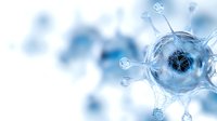 Microscopic view of virus cell in blue tones with detailed protein spikes on blurred background, scientific medical visualization for healthcare and research purposes.