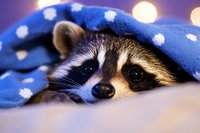 Adorable raccoon peeking out from under blue polka dot blanket with bokeh lights in background, creating cozy and whimsical wildlife portrait.