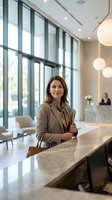 Professional businesswoman in beige blazer standing at marble reception desk in modern corporate office lobby with large windows and contemporary lighting.