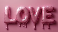 Pink glossy balloon letters spelling LOVE with dripping effect on pink background, romantic typography design for Valentine's day cards and wedding invitations.