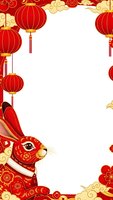 Chinese New Year frame with red lanterns and decorative rabbit on white background for festive greeting cards and holiday celebrations.