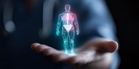 Glowing holographic human body silhouette floating above open palm showing medical technology advancement and futuristic healthcare visualization concept.
