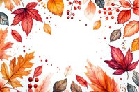 Watercolor autumn leaves frame with red maple, orange oak foliage, and berries on white background. Seasonal border design for fall decorations and invitations.