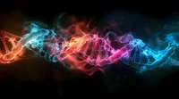 Glowing DNA helix structure with vibrant red, pink and blue colors on black background, abstract genetic science concept with light effects and smoke elements.