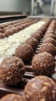 Rows of freshly made chocolate truffles rolled in coconut flakes and nuts on cooling rack. Close-up view shows rich texture and artisanal confectionery detail.