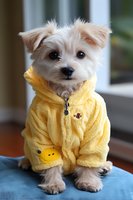 Adorable small terrier puppy wearing yellow knitted sweater sitting on blue cushion indoors for pet fashion and clothing concepts.