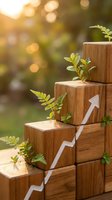 Wooden blocks arranged as ascending stairs with white arrow and green plants sprouting from each step symbolizing sustainable business growth and development.