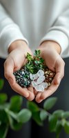 Female hands holding healing crystals, succulent plants, and natural minerals in cupped palms. Wellness and spiritual healing concept with clear quartz and green stones.