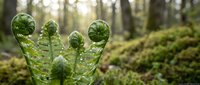 Young green fern fronds unfurling in spring forest with soft bokeh background, natural growth and renewal concept for environmental design projects.