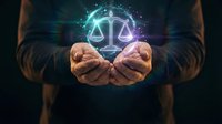 Hands holding glowing scales of justice symbol with neon light effect, representing law, legal services, fairness, and balance for business and corporate use.