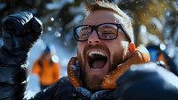 Young bearded Caucasian man in glasses and winter clothing laughing with excitement during snow activities, expressing pure joy and happiness outdoors.
