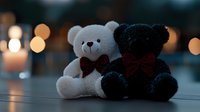 Plush teddy bears with bow ties sitting together against blurred bokeh lights background creating romantic mood and soft atmosphere.