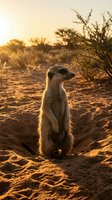 Meerkat standing alert in desert landscape during golden hour sunset with warm lighting and acacia trees in background creating dramatic wildlife scene.