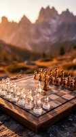 Glass chess set on wooden board with dramatic mountain landscape at golden hour sunset creating warm atmospheric lighting for strategic thinking concepts.