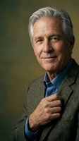 Senior man with gray hair wearing olive blazer and blue shirt against neutral background, suitable for corporate, business, and professional portraits.
