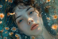 Close-up portrait of young Asian woman with blue eyes surrounded by delicate orange flowers and water droplets against dreamy teal background, ethereal lighting.