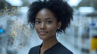 Young African American female scientist or medical professional with natural hair smiling confidently against laboratory background with molecular structure overlay.