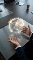 Businessperson holding glowing digital globe with network connections on modern office desk, representing global communication, technology innovation, and international business connectivity.