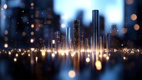 Modern cityscape silhouette reflected in water at night with glowing lights and bokeh effect creating dreamy urban landscape atmosphere for background design.