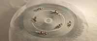 Aerial view of people scattered across circular crop field patterns, creating geometric agricultural landscape design for farming and land use concepts.