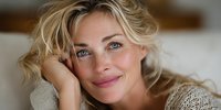 Attractive blonde woman with blue eyes smiling warmly while resting chin on hand, wearing cozy knit sweater in soft natural lighting for lifestyle content.
