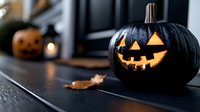 Glowing carved black pumpkin with classic jack o'lantern face on dark wooden surface with autumn leaf and candlelight creating spooky Halloween atmosphere.
