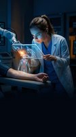 Female doctor or medical professional of South Asian descent examining holographic human anatomy display in modern laboratory setting. Healthcare technology and innovation.